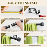 Curtain Rods for Windows 32-96 Inch, 1 Inch Adjustable Black Curtain Rod Set with Brackets, Easy Install