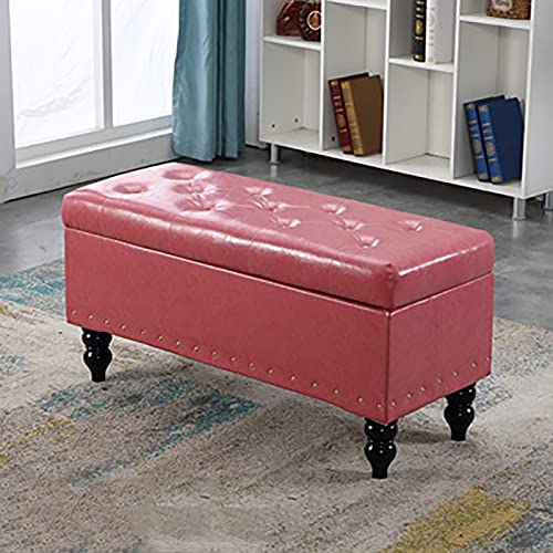 Modern Upholstered Storage Pouf with Buttons Lift-Top Design Faux Leather Pink & Black 35x17x18 Inches - Stylish Ottoman for Living Room Decor