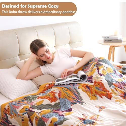 VANJOROY Boho Throw Blanket, 100% Organic Cotton Ultra Soft 50" x 60" Throw for Couch and Bed - Skin-Friendly Embroidery Cozy All Season Rustic Floral Decor Chair Blanket -Beige