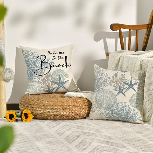 AVOIN colorlife Take Me to The Beach Summer Throw Pillow Covers, 18 x 18 Inch Blue Ocean Starfish Summer Cushion Case for Sofa Couch Set of 4