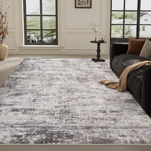 5x7 Black Gray Washable Area Rug for Living Room, Vintage Print