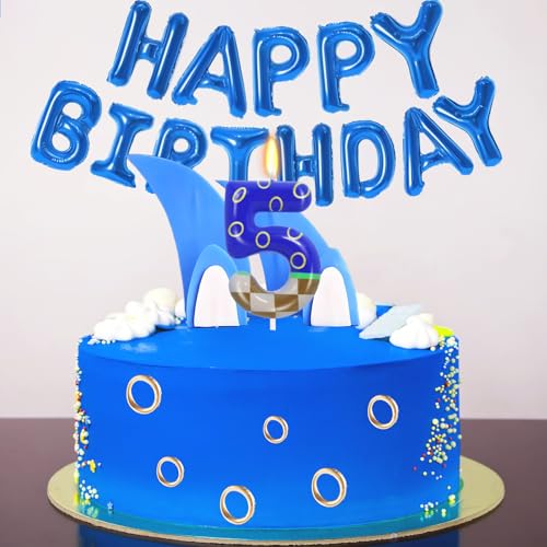 Number 5 Golden Rings Blue Birthday Candle 5 Candle Blue Cake Topper for Boys Girls Hedgehog Cartoon Theme Birthday Party Decorations