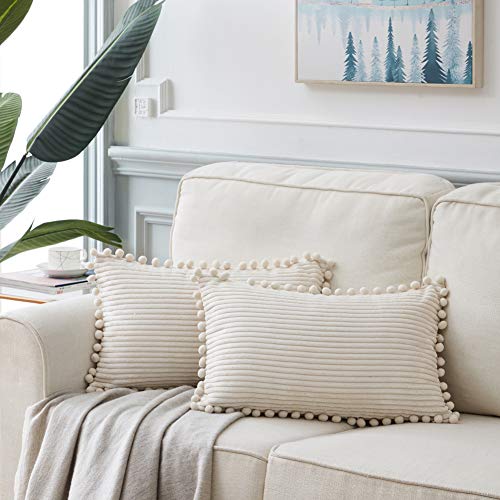 Fancy Homi Pack of 2 Boho Rectangle Decorative Throw Pillow Covers with Pom-poms, Soft Corduroy Accent Solid Cushion Case Set for Couch Sofa Bedroom Car Living Room (12x20 Inch/30x50 cm, Cream)