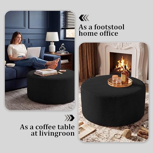 Round Coffee Table Ottoman for Corduroy Cloud Sectional Couches in a Box Memory Foam Compressed Pouf Footstool Rest for Living Room, Bedroom, Makeup Room No Assembly Require(Black, 27.6")