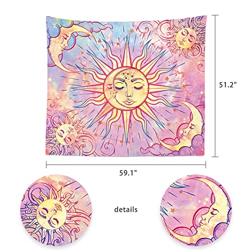 Ohjijinn Pastel Pink Burning Sun Tapestry - Mystic Celestial Sun and Moon with Stars - Psychedelic Hippy Tie Dye Wall Hanging for Party Home Decor (Pastel, 51.2" x 59.1")