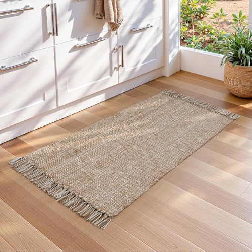 Collive Kitchen Runner Rug, 2' x 4.3' Modern Farmhouse Washable Entryway Door Mat, Tan Bathroom Carpet Hand Woven Reversible Indoor Outddor Rugs for Hallway Foyer Bedroom Decor