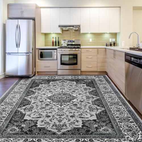 4x6 Area Rugs for Living Room, Washable Rug Vintage Floral, Gray