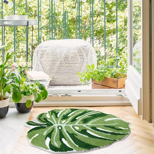 Panstar Green Leaf Kids Rug, Monstera Shaped Rug for Bedroom Bathroom Non Slip Microfiber Tufted Plant Large Bath Mat Boho Home Decor Large Size 43"X36"
