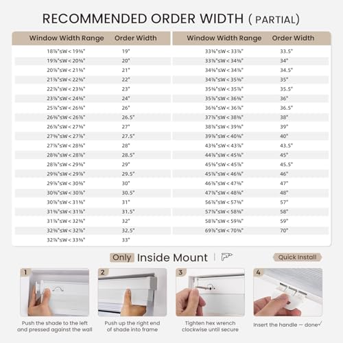 Grandekor No Tools No Drill Cordless Cellular Shades,34" W x 64" H,Blackout Honeycomb Blinds for Indoor Windows,UV Protection Privacy No Drill Blinds for Home,Door,White