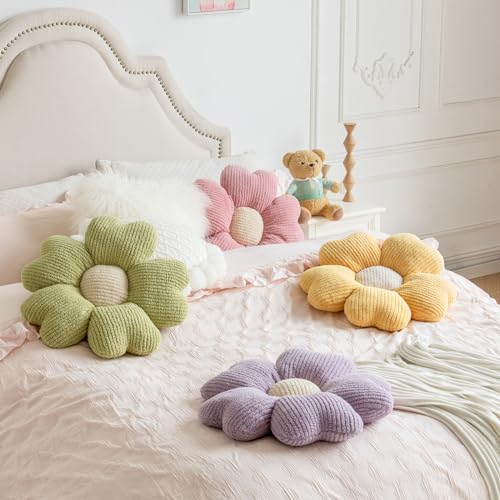 Flower Shaped Throw Pillow, Fun Daisy Pillow, 15.7" White Cute Decorative Seat Cushion Aesthetic Flower Plush Pillows for Bed Floor Couch Chair