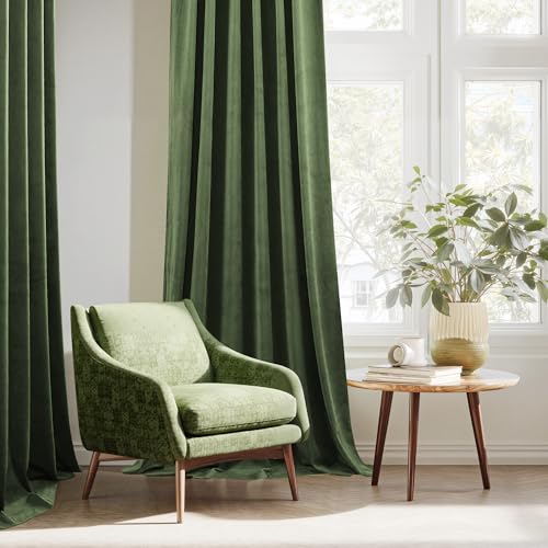 StangH Green Velvet Curtains 84 Inch Length, Luxury Vintage Emerald Drapes for Bedroom, Dark Green Room Darkening Window Treatment for Living Room with Back Tab & Hook Belt, W52 x L84, 2 Panels
