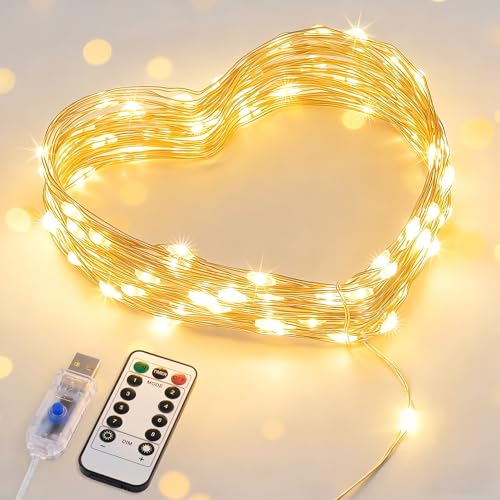 JMEXSUSS USB Fairy Lights for Bedroom, 33ft 100 LED Twinkle Lights Plug in with Remote, Indoor String Light for Dorm Girl's Room Tent DIY Birthday Gift Party Decor, Silver Wire, Warm White,Timer