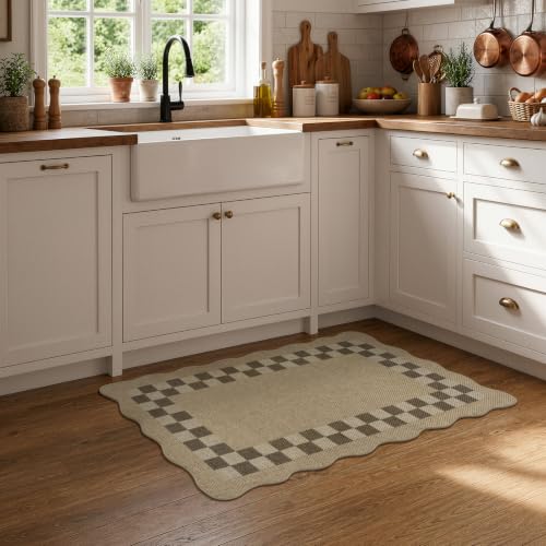 LIVEBOX Scalloped Easy Jute 2x3 Kitchen Rugs, Checkered Indoor Outdoor Rug Doormat, Front Door Mat Entryway Rug Washable Non Slip, Small Outdoor Mats Neutral Carpet for Porch Bathroom Doorway Entrance