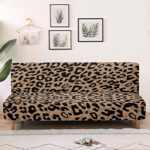 Leopard Print Couch Cover Stretch Futon Slipcover Foldable Armless Sofa Cover with Elastic Bottom Aesthetic Furniture Protector Foldable Couch Pet Covers for Sofa