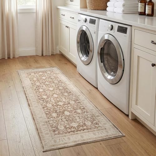 jinchan 2x5 Vintage Floral Runner Rug, Washable Non Slip, Taupe