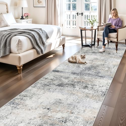 3x12 Runner Rug Non Slip: Washable Abstract Long Rugs for Hallway Blue Grey