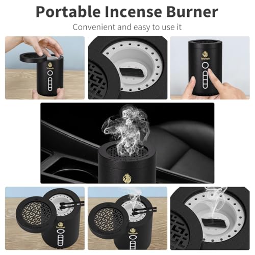 2-in-1 Electric Incense Burner with Quran Speaker, Rechargeable Portable Bakhoor Burner and Aroma Diffuser, Round, Black, 3.1x3.1x4.8 Inches