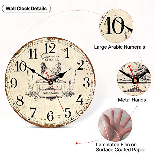 Rustic Wall Clock French Country Vintage 14 Inch Battery Operated Silent Non-Ticking Wooden Wall Clocks Retro Arabic Numerals Animal Hen Style (Gourmet Kitchen)