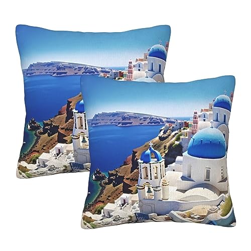 JCAKES Santorini Greek Island Sea View Print Square Pillow Set of 2 Decorative Pillows Cushion Covers for Couch Chair Bedroom (Does Not Contain Pillow Core)