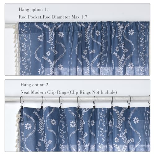 Schweek Blue Boho Curtains for Living Room, Western Rustic Floral Curtains 84 Inches Length, Semi Sheer Navy Blue Vintage Farmhouse Printed Patterned Curtain Drapes