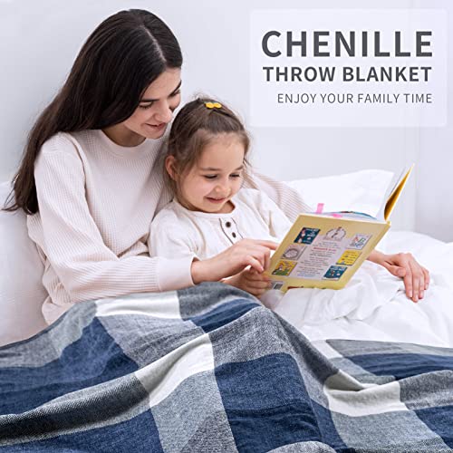 RECYCO Buffalo Plaid Chenille Throw Blanket, 50"x60", Navy Off White