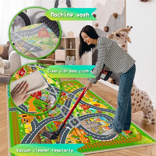 Car Road Rug for Kids Room Farm Play Mat Rugs for Kids Toy and Cars, Educational Area Kid Carpet for Bedroom Playroom Nursery, Non-Slip Activity Floor Playmat Road Traffic Track Carpet 31"x37"