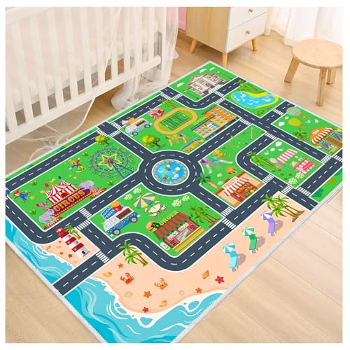 Kids Carpet Playmat Car Rug, Car Rug for Kids Toy Cars and Train, Non Slip Play Mat for Playroom Kids Room, City Life Educational Road Traffic Carpet for Classroom Nursery(Green,31×47in)