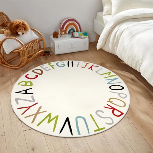 LIVEBOX Colorful Play Room Round Kids Rug for Nursery,ABC Rainbow Rug for Playroom, Small Circle Rugs for Classroom, Washable Rugs Educational Alphabet Carpet for Boys Girls Dorm (40",Multi Color)