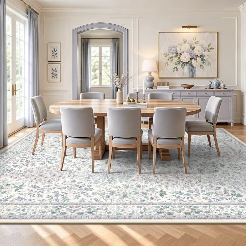 8x10 Area Rug for Living Room Low Pile Boho Machine Washable Floral Rugs for Dining Room, Bedroom, Nursery with Non-Slip Back(Purple Floral)