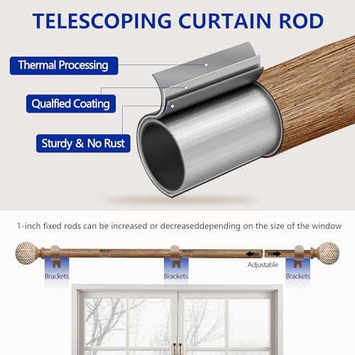 Wood Curtain Rods for Windows: 1 Inch Diameter Adjustable Drapery Rods 72" to 144", Heavy Duty Window Rod with Imitation Wood Grain Leaf Pattern Finials