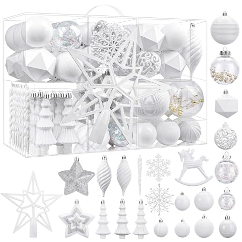 SHareconn 100pcs Christmas Tree Decorations Ornaments Set, Shatterproof Plastic Baubles Decorative Balls for Xmas Tree Decor Holiday Wedding Party, White