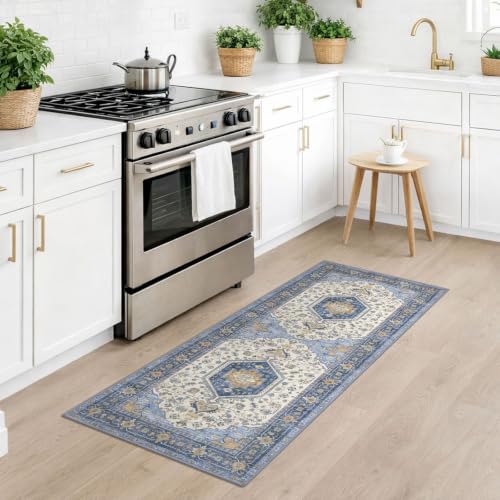 Vintage Washable Runner Rug, 2x5 Runners Blue Brown 5ft Kitchen Rugs
