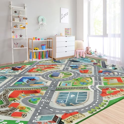 Large Kids Carpet Play Mat Rug for Playroom, 60'' x 84'’ Car Rugs Mat for Kids Toy Cars, City Life with Road Traffic Playmat Rugs Great for Kids Bedroom Play Room Boy Room Decor, Grey