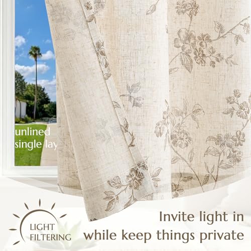 jinchan Floral Kitchen Curtains 24 Inch Linen Tier Curtains Farmhouse Cafe Half Window Drapes Over Sink Light Filtering Taupe on Beige for Living Room Laundry Tie Top 2 Panels