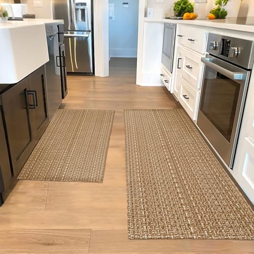 Tan Brown Faux Jute Braided Kitchen Rug Set 20"x30"+20"x48",Non Slip