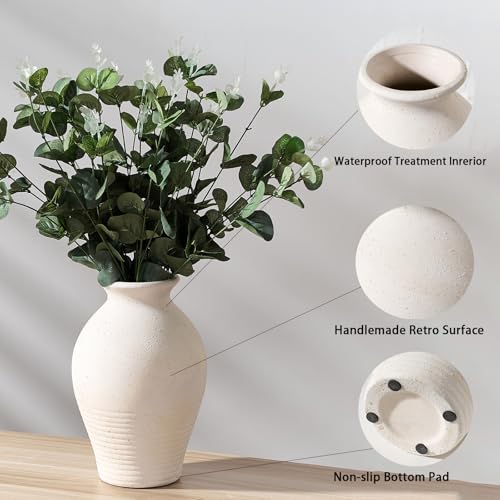 LUKA Ceramic Rustic Farmhouse Vase, 9.2 inch Whitewashed Terracotta Vase, Pottery Decorative Vases,Clay Decorative Vases for Home Decor, Table, Living Room, Shelf, Mantel Decoration(Off-White)