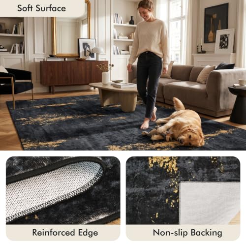 Fixwal Washable 6x9 Area Rug for Living Room, Non-Slip, Black/Gold