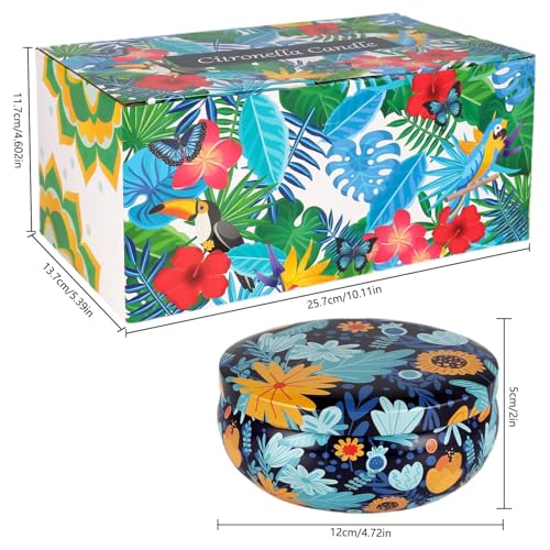 Tropical Printed Citronella Candles, Set of 4 x 13.5 oz Large Scented Candles with Natural Cotton Wicks - Made with Natural Soy Wax, for Home, Patio, Garden, Camping or as a Summer Housewarming Gift