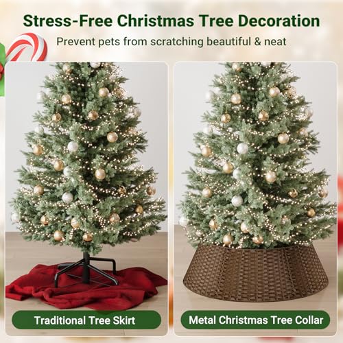 ELYKEN 33 Inch Christmas Tree Collar, 6-Piece Xmas Tree Skirt for Artificial Trees, Handcrafted Plastics Wicker Tree Base Cover with Cord Cut-Out Rustic Farmhouse Tree Ring for Home Decor