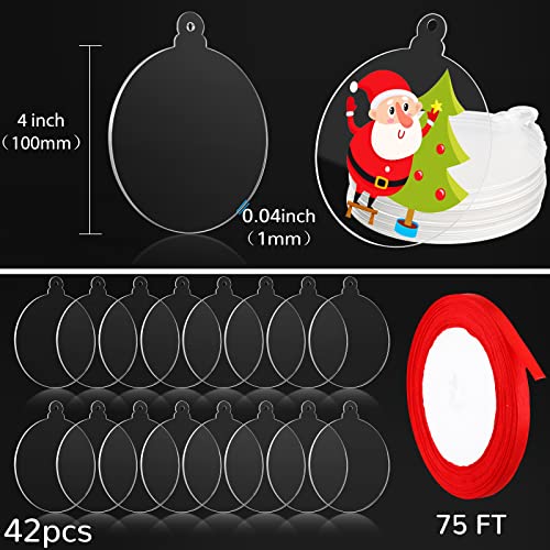 Blulu 42 Pcs Acrylic Ornament Blanks Clear Round Ornaments Flat Christmas Bauble Hanging Ornament with Hole Ribbon Acrylic Circle Discs for DIY Crafts Xmas Tree Decoration(4 Inch)