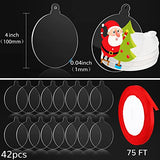 Blulu 42 Pcs Acrylic Ornament Blanks Clear Round Ornaments Flat Christmas Bauble Hanging Ornament with Hole Ribbon Acrylic Circle Discs for DIY Crafts Xmas Tree Decoration(4 Inch)