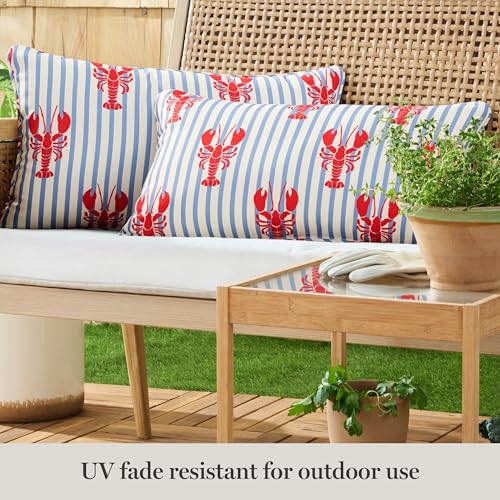 Martha Stewart Americana Stripe Lobster Indoor Outdoor Decorative Pillow 2-Pack Set, UV Fade Resistant, Water Repellent, Printed Coastal Design, Red/Blue, 11"x18"