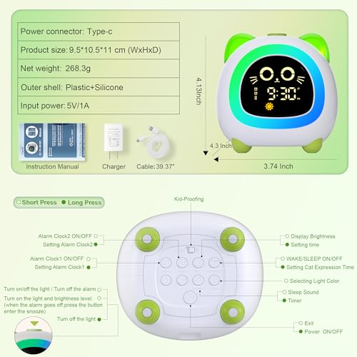 ANALOI OK to Wake Clock for Kids, Kids Alarm Clock with Sleep Training Night Light Dual Alarm Auto Off Timer Stay in Bed for Kids and Toddlers, Kids Clock with Cat Ear Light