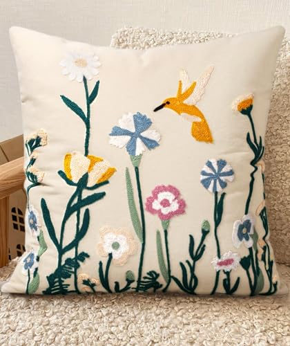 Embroidered Throw Pillow Cover 18x18 Inch, Flower Bird