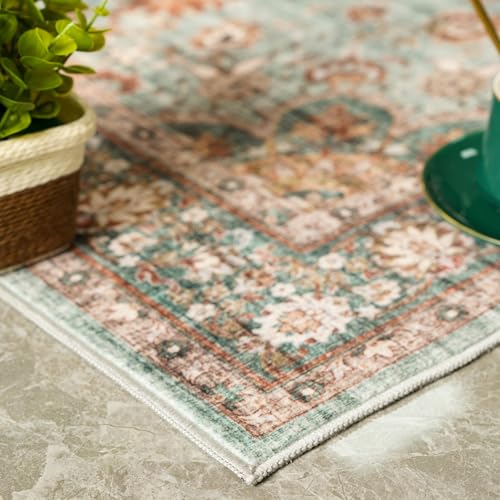 Washable Oriental Area Rug - 2x3 Rugs for Living Room Soft Carpet for Bedroom Waterproof Floral Distressed Indoor Stain Resistant Non-Shedding Floor Carpets (Green, 2x3)