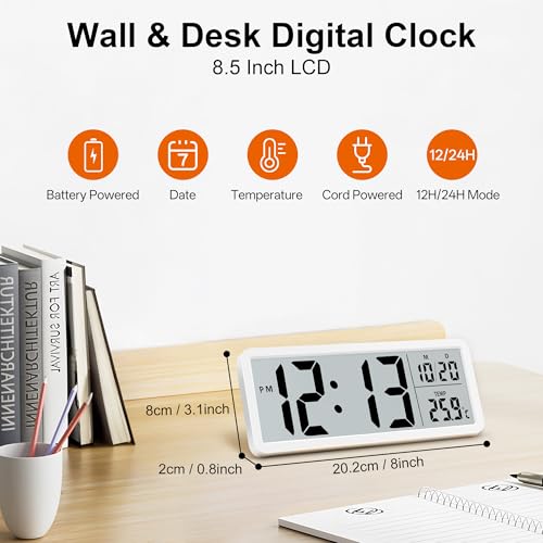 Lafocuse LCD White Digital Wall Clock Battery Operated, 8.5 Inch Large Display Digital Clocks with Date and Temperature, Modern Simple Desk Clock for Bedroom Living Room Office