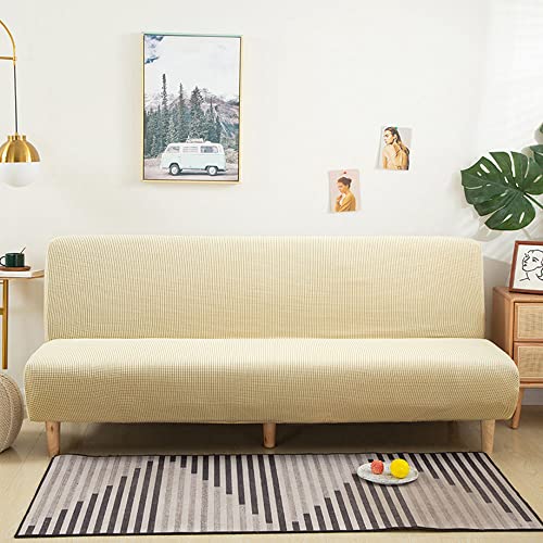 YOPOIY Super Stretch Futon Cover Spandex Small Checks Pattern Futon Slipcover Washable Armless Sofa Cover Protector with Elastic Bottom Natural -Cream color-160-190cm