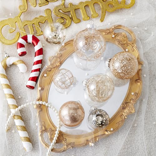 Wironlst Christmas Ball Ornaments Shatterproof Clear Large Plastic Hanging Ball Decorative Baubles Set with Stuffed Delicate Decorations (Multi-Size, Champagne)
