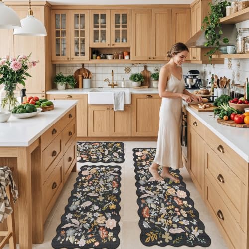 Scalloped Kitchen Rug Set of 3: Washable Floral Soft Boho Kitchen Runenr