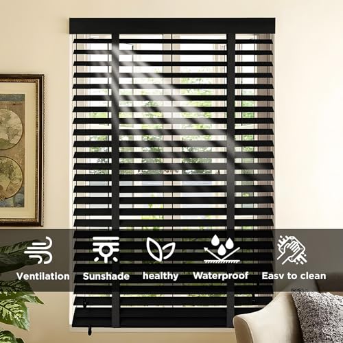 2" Slats Wood Blinds for Indoor Windows: Solid Wooden Blackout Blinds & Shades,Black Out Privacy Horizontal Blinds for Home Bedroom Bathroom Living Room Windows 22.5" WX48 H Black